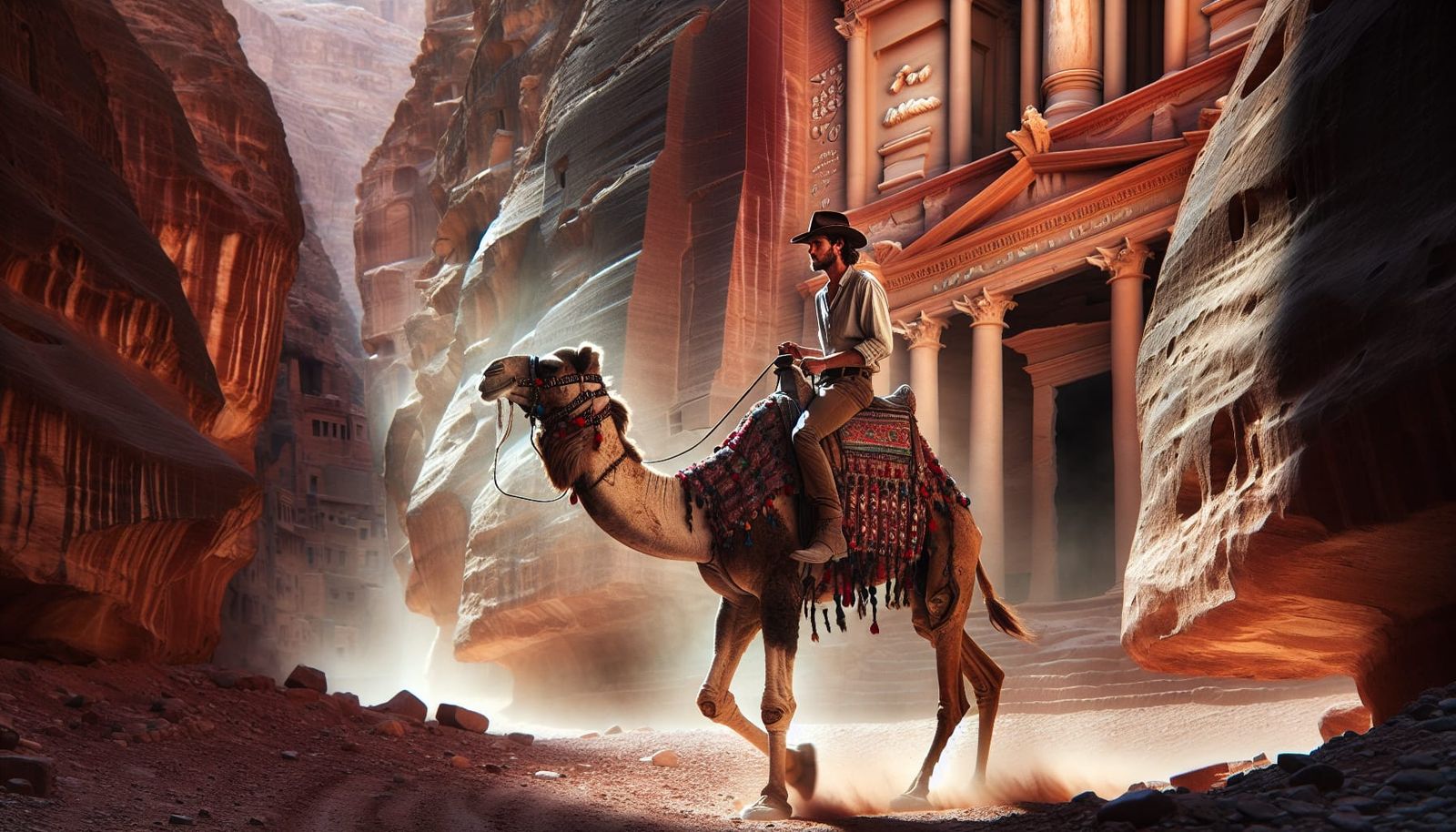 Cowboy Rides Giant Camel Through Ancient Petra