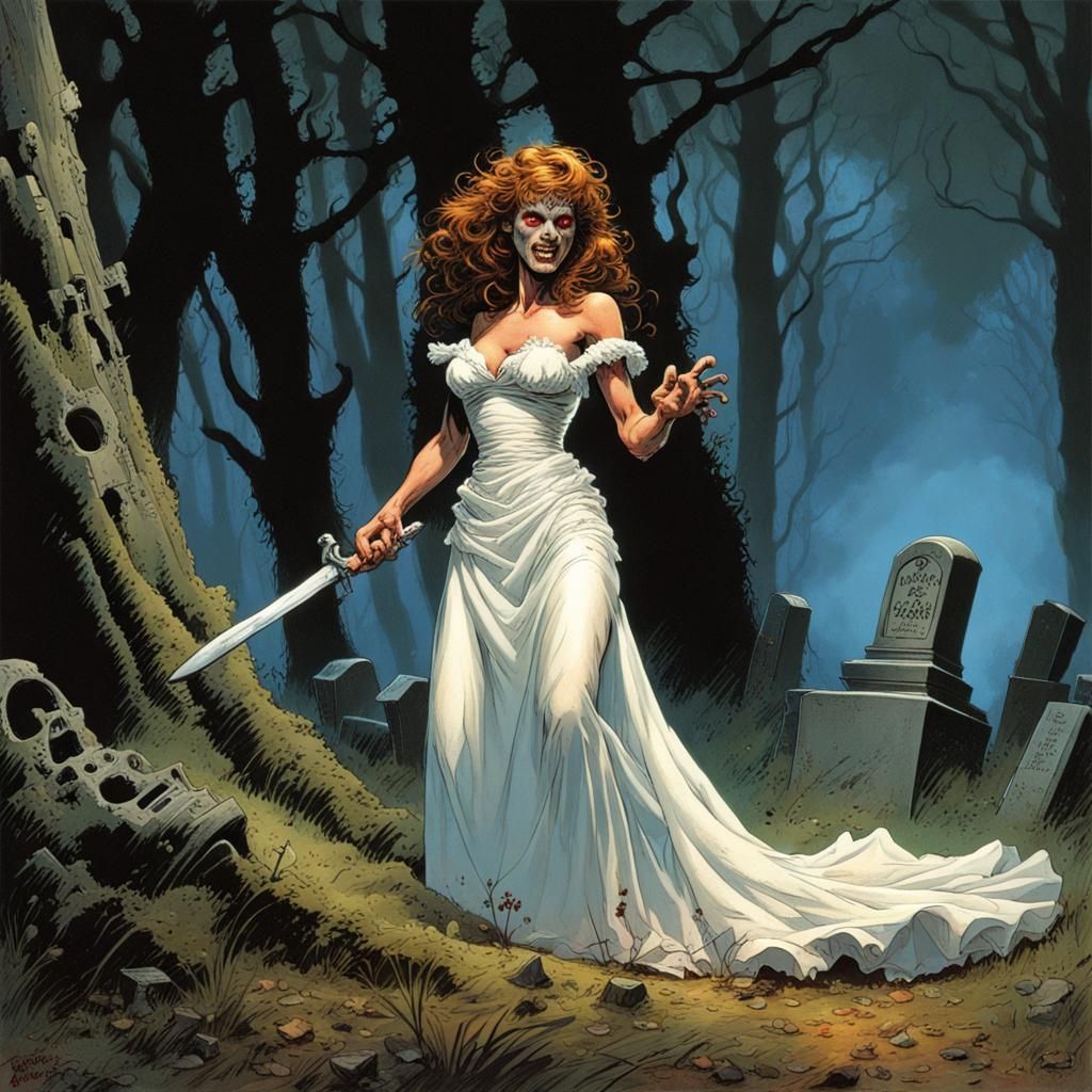 Zombie Bride in Forest, Comic Book Art