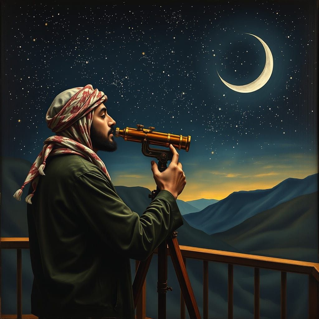 A Caravaggio-inspired painting of an Arab hipster with a keffiyeh and a beanie. He is looking at the stars through a vin...