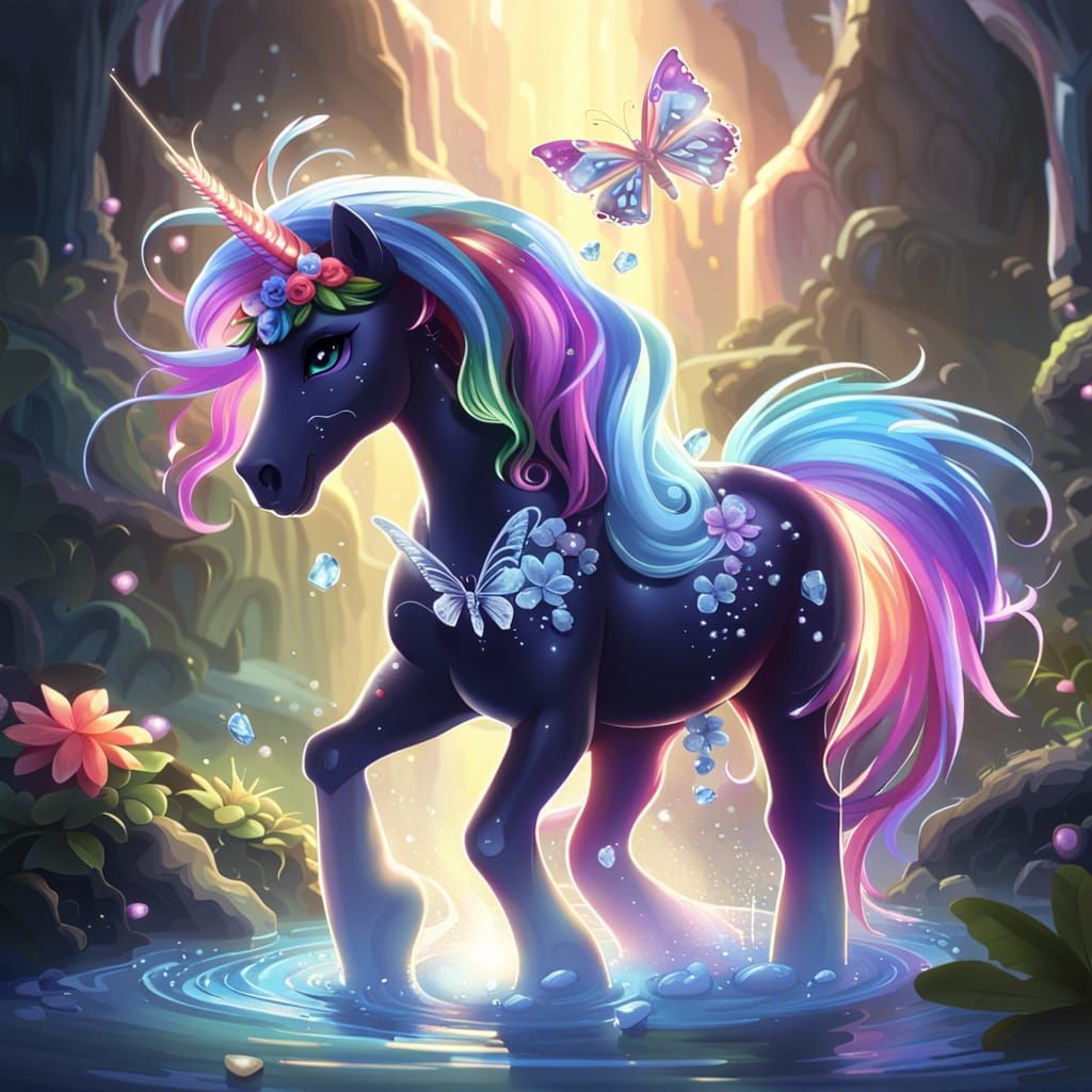 Fantasy Unicorn with Rainbow, Flowers, and Butterflies