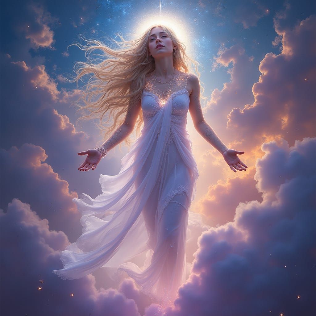 Celestial Goddess Descends in Radiant Glory with Flowing Hai...