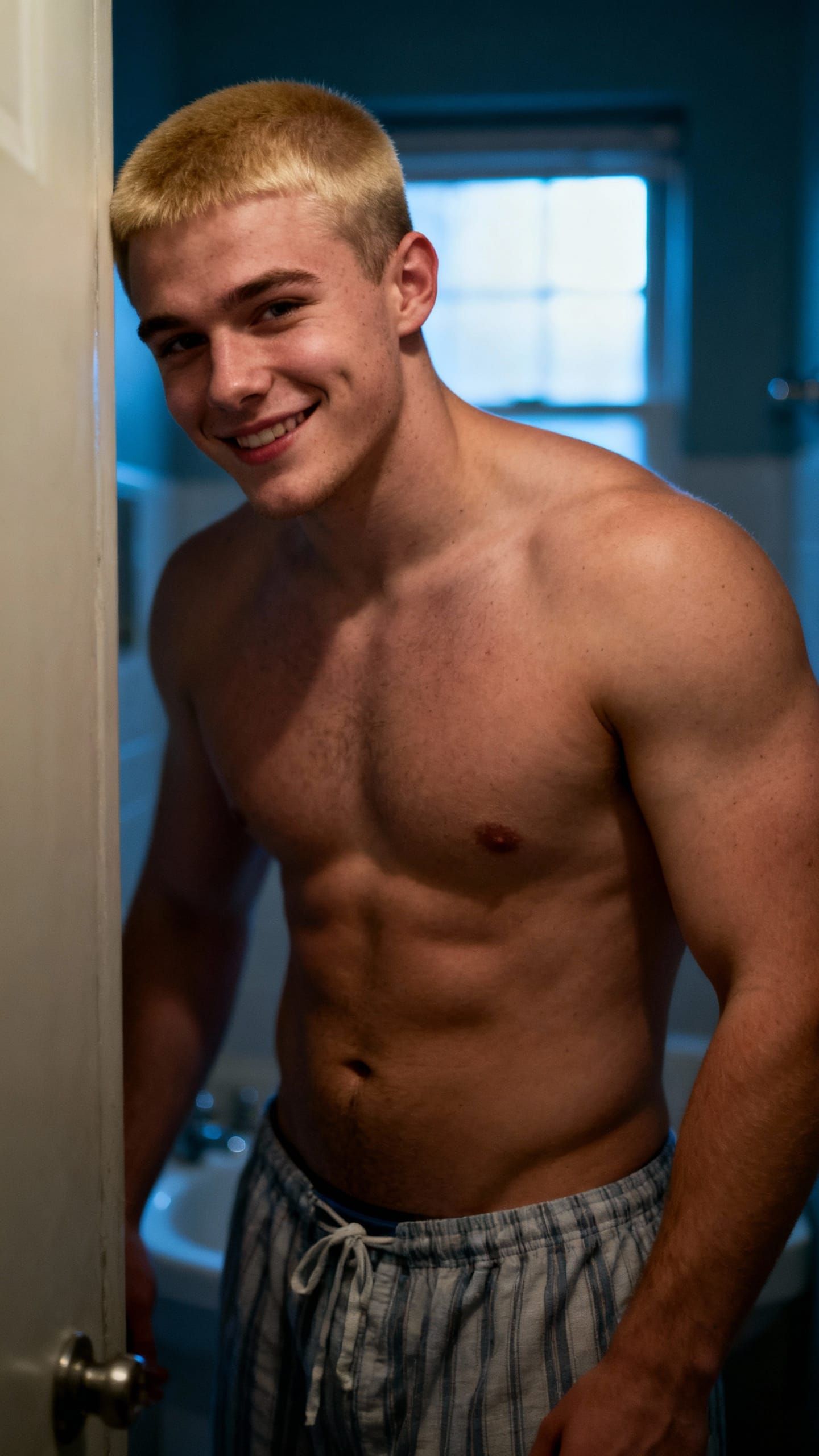 Blonde Collegiate Male Skulking in Frat House Bathroom