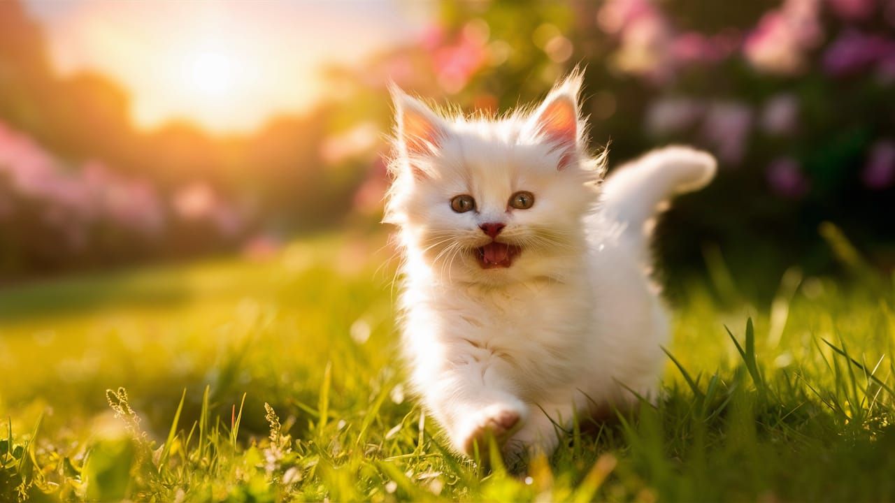 Fluffy White Kitten Frolicking in a Sunny Meadow