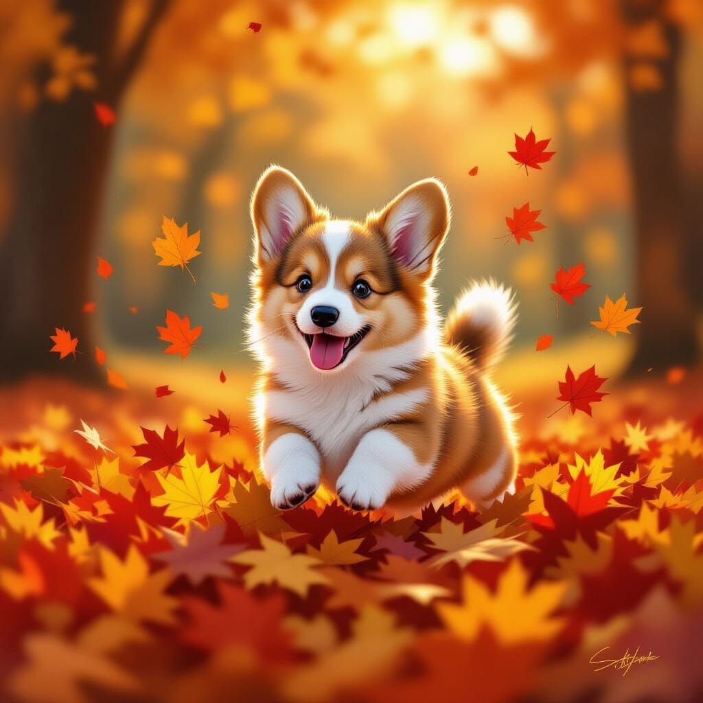 Joyful Corgi Puppy Leaps into Autumn Leaves