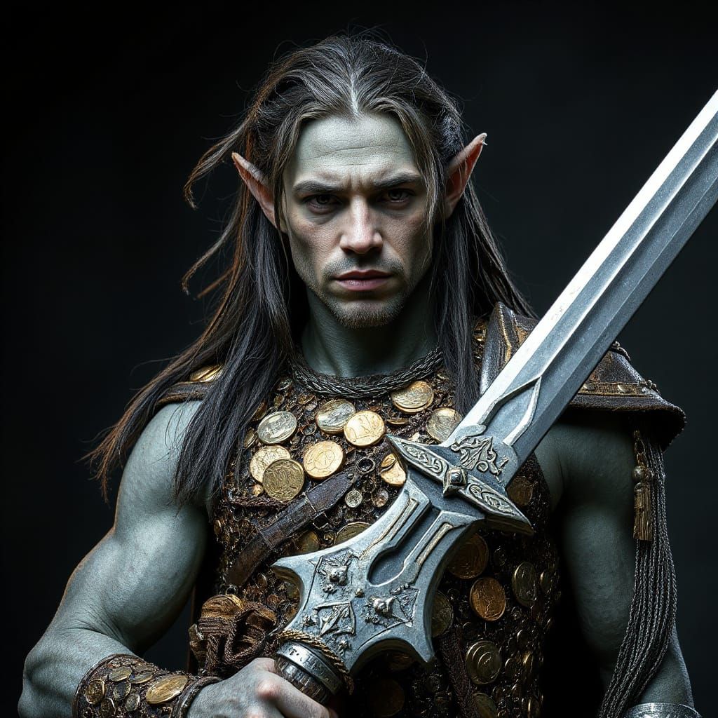 Elf Warrior Portrait in Metal Coin Armor, Regal Stance