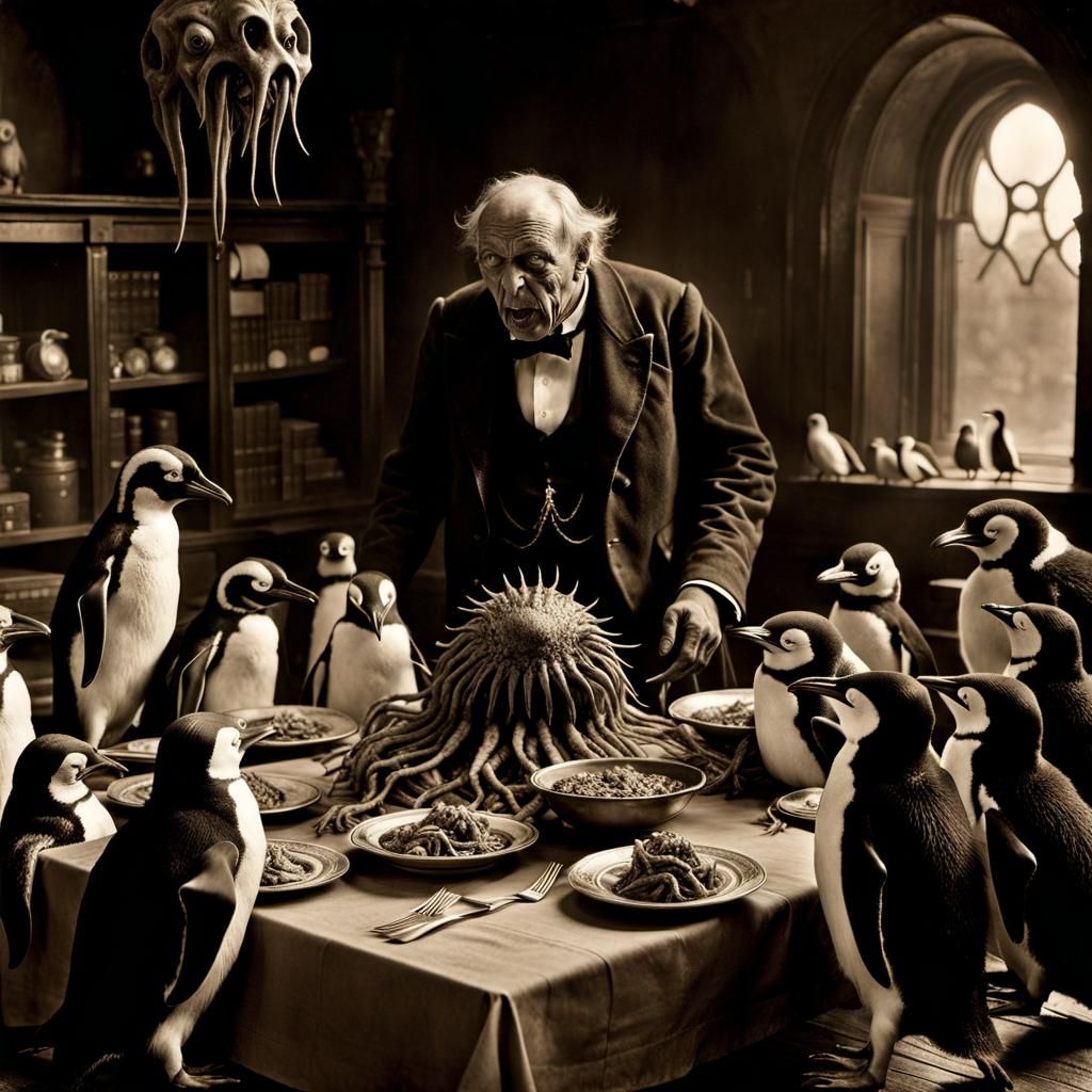 Lovecraftian Horror: Daemon and Penguin in Sepia