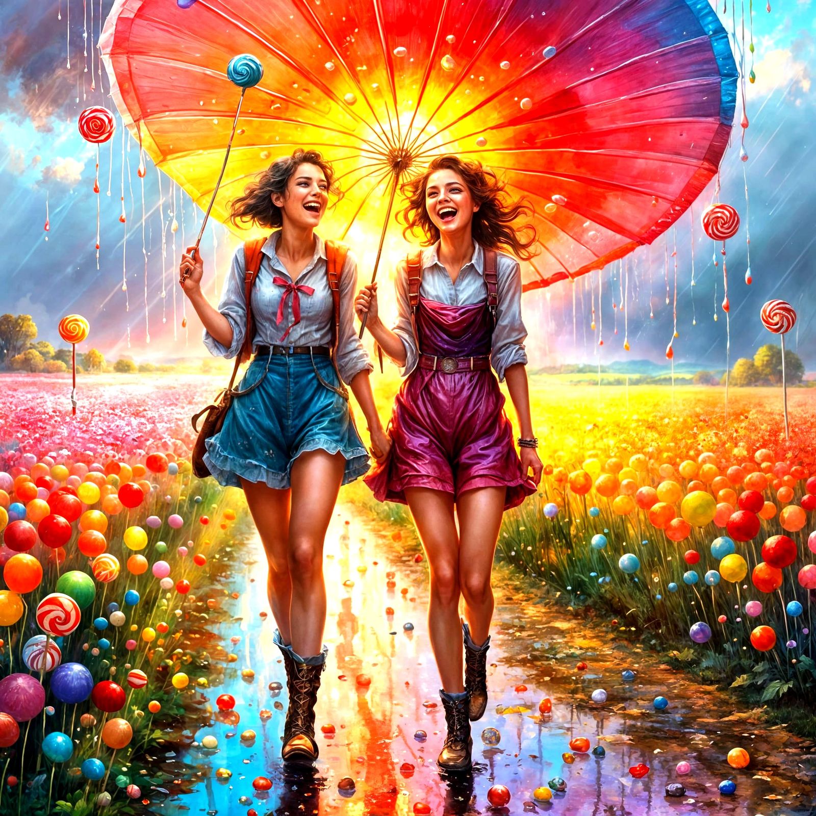 Joyful Women in Candy Rain Field at Sunset