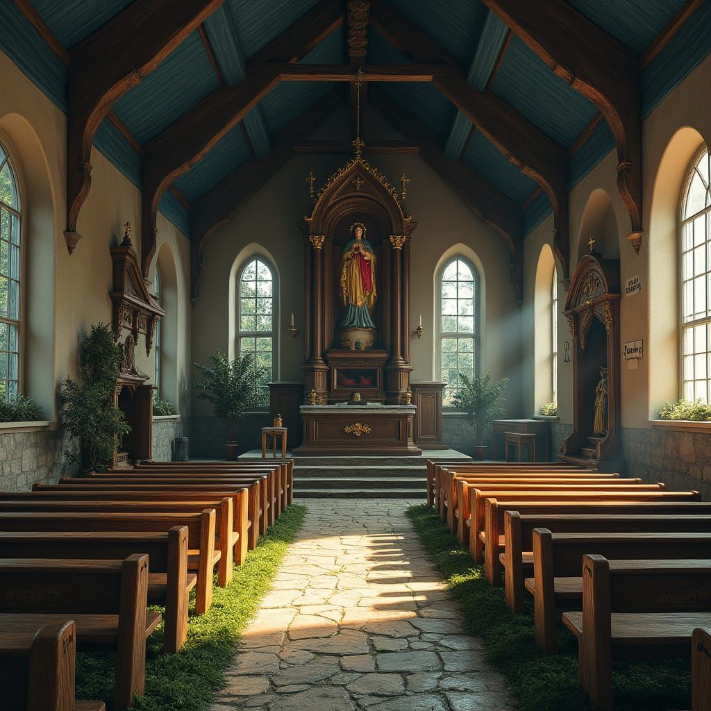 Rustic Church in a Charming Square, Surrounded by a Lush Cem...
