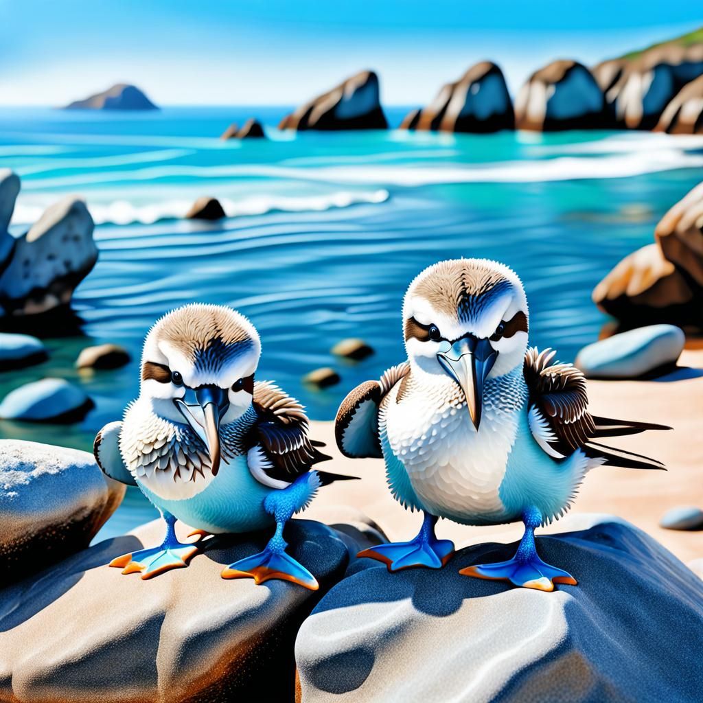 Blue-Footed Boobies on Beach, Digital Art