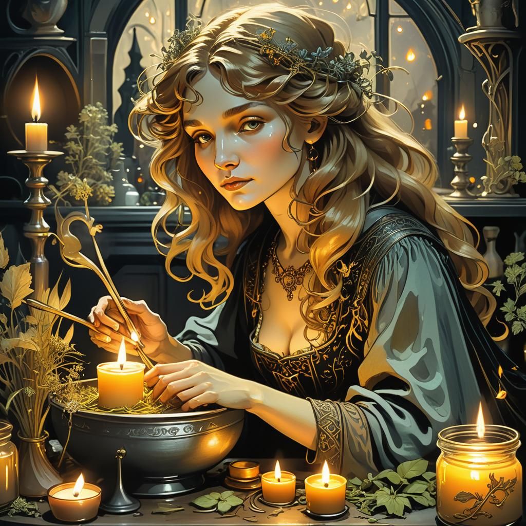 Witch Stirring Potion in Art Nouveau Style