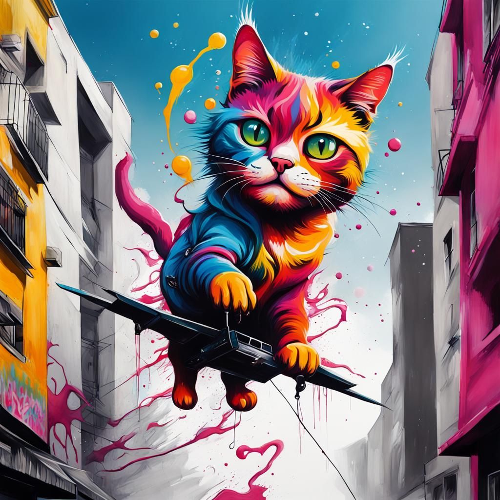 Flying Cat in Graffiti Splash Art Style