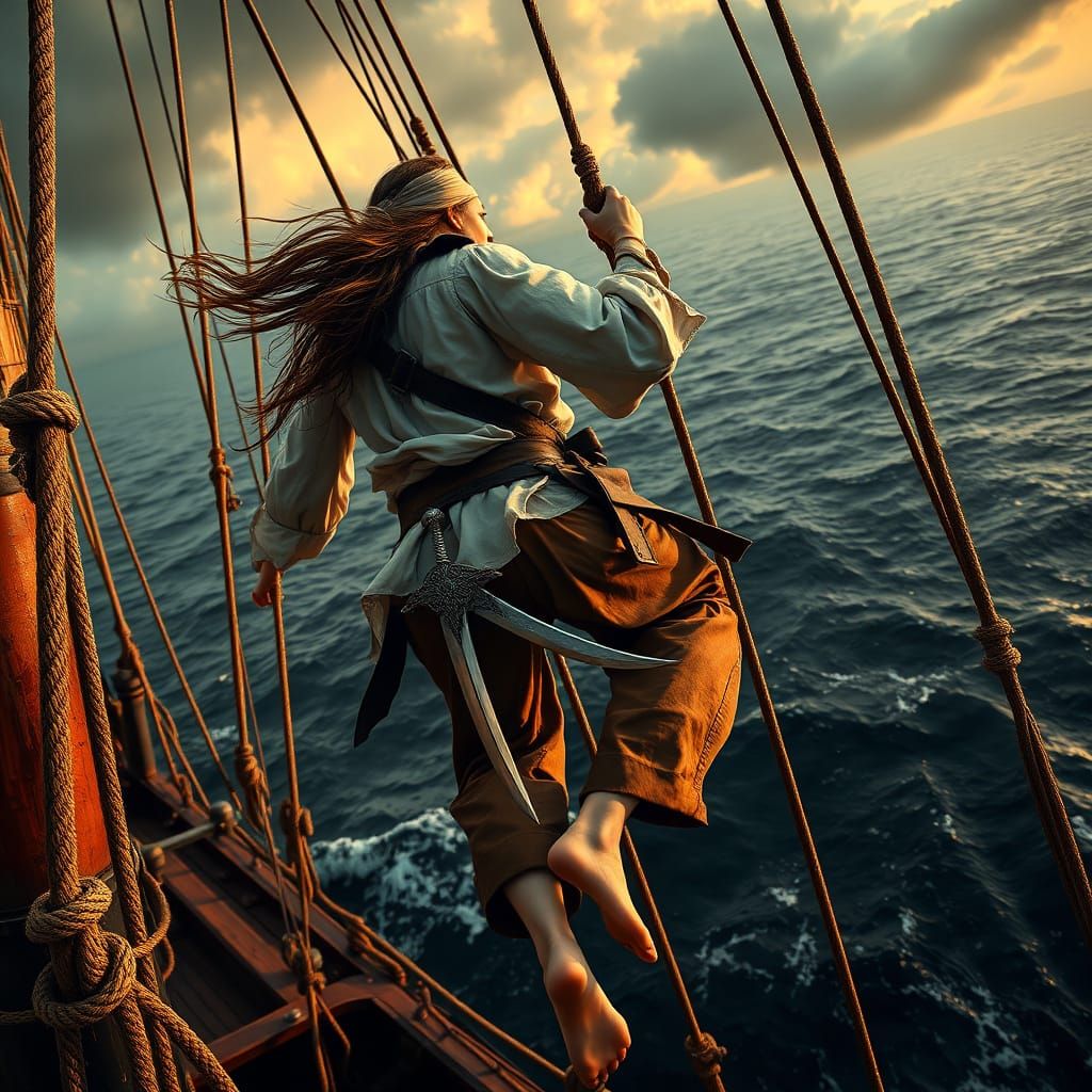 Pirate Captain Ascends Galleon Rigging in Dramatic Sunset