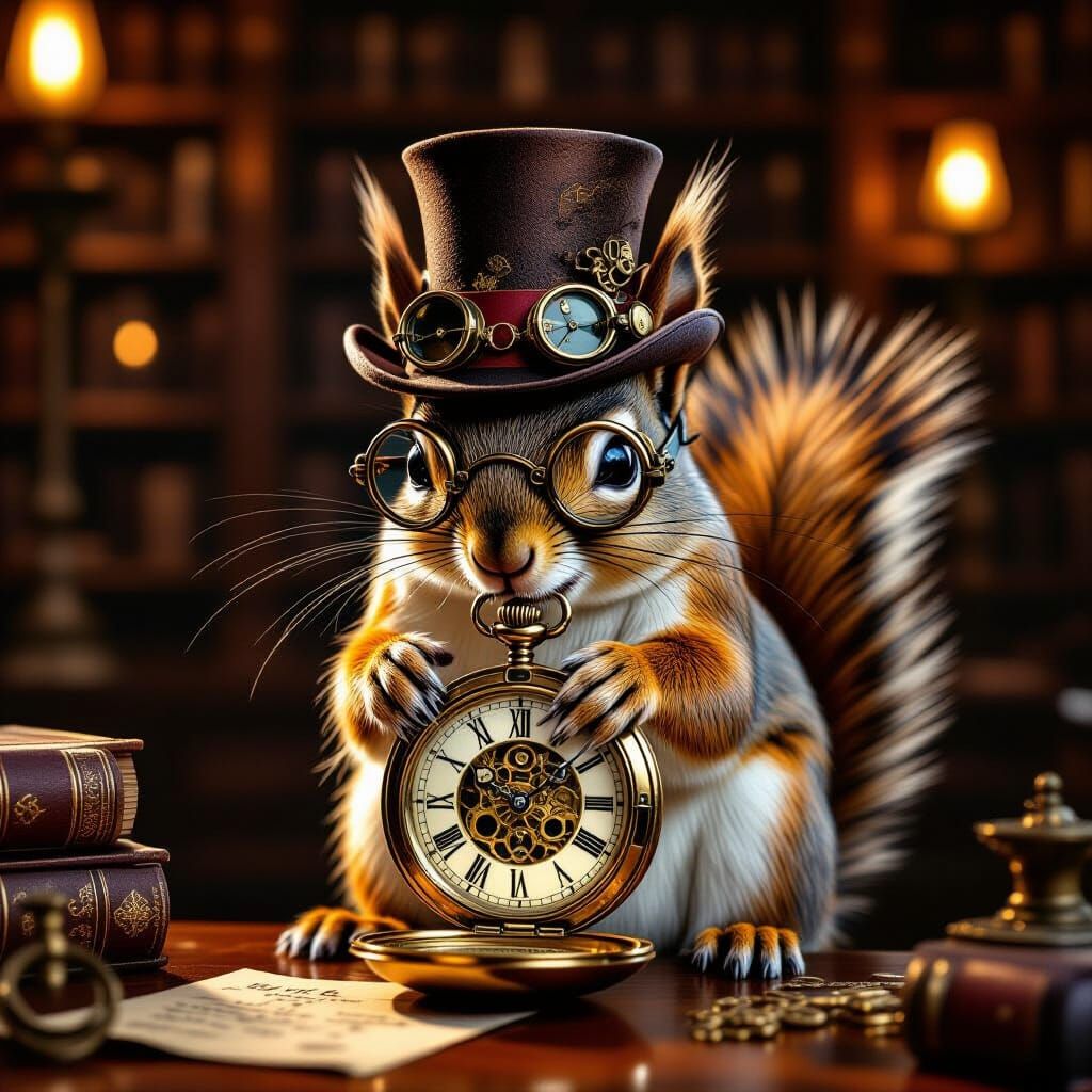 Steampunk Squirrel Examines Pocket Watch in Library