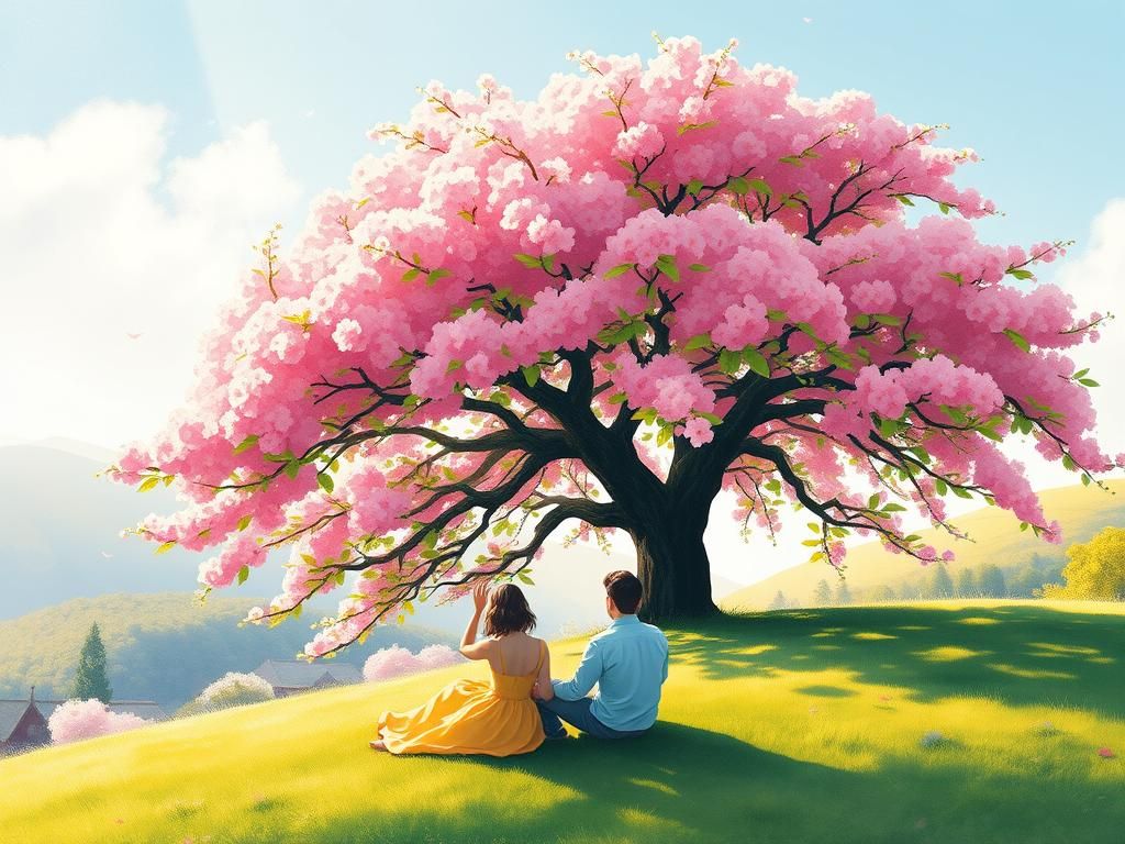 Cherry Blossom Tree Scene in Impressionist Style