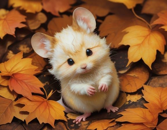 Whimsical Mouse Amidst Autumn Leaves Oil Painting