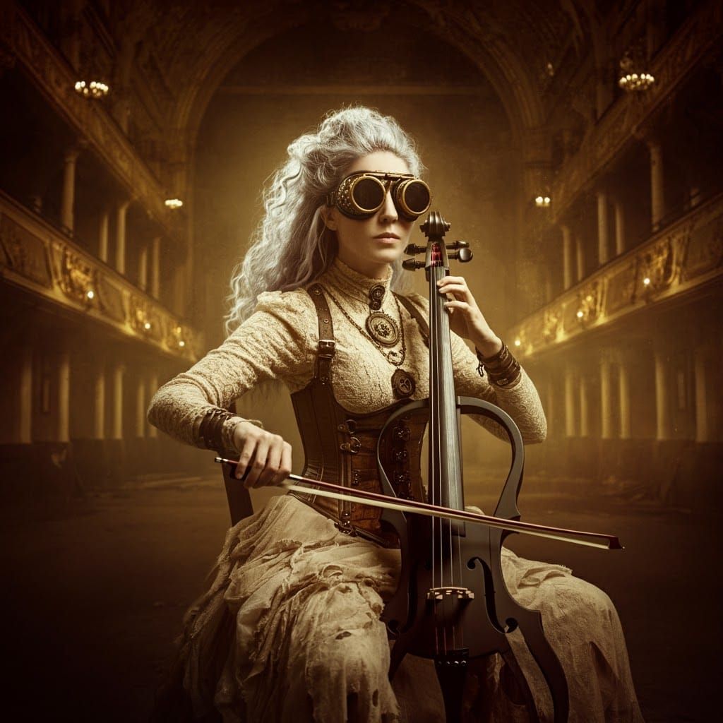 Steampunk Lady Plays Electric Cello in Edwardian Hall