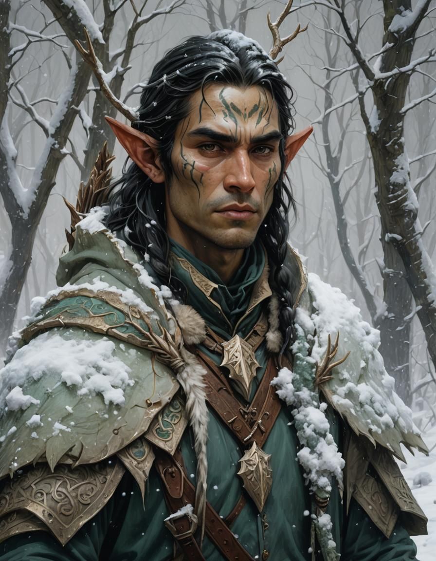 Handsome Inuit Wood Elf Ranger in Winter Landscape