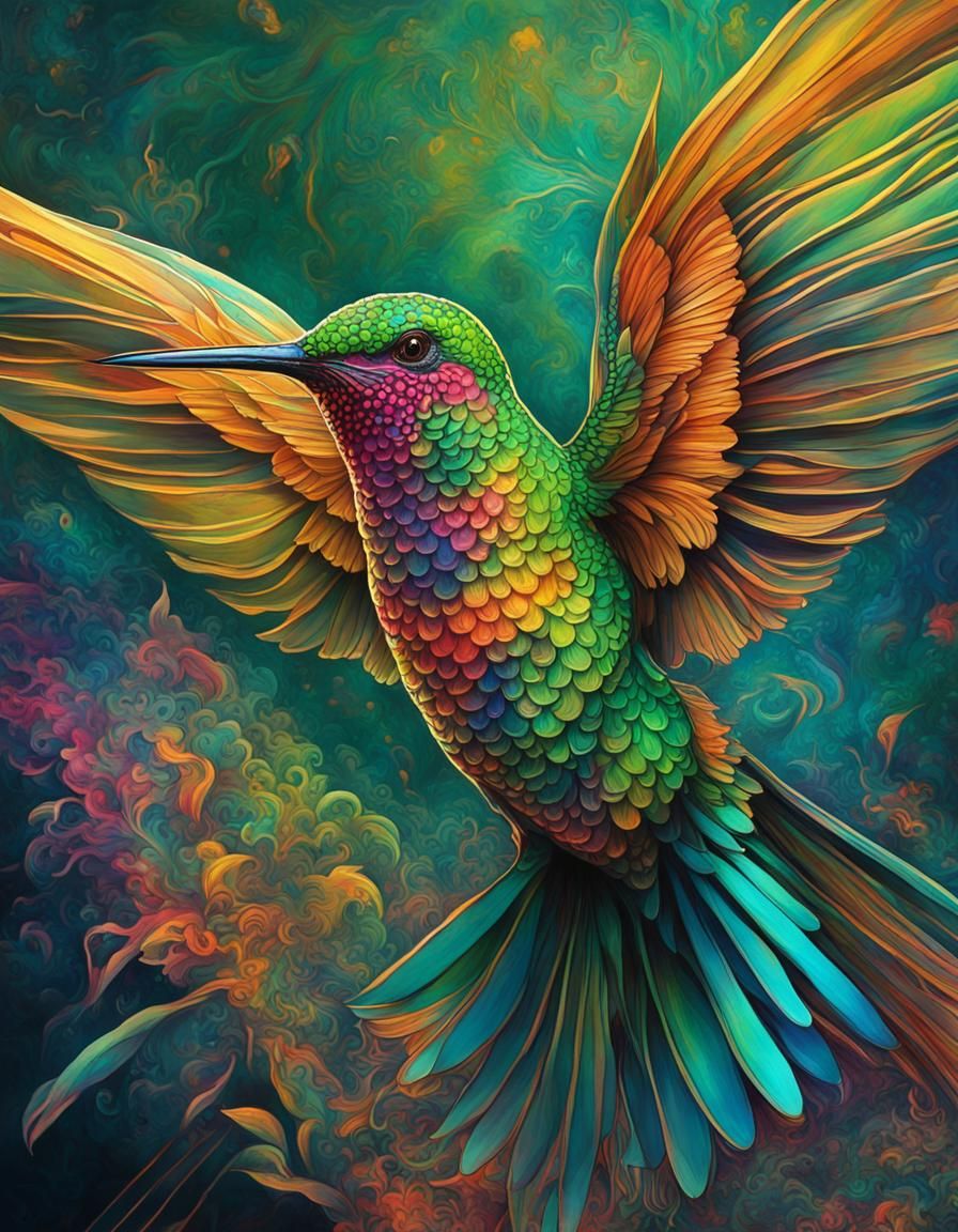Psychedelic Hummingbird in Vibrant Rainbow Colors