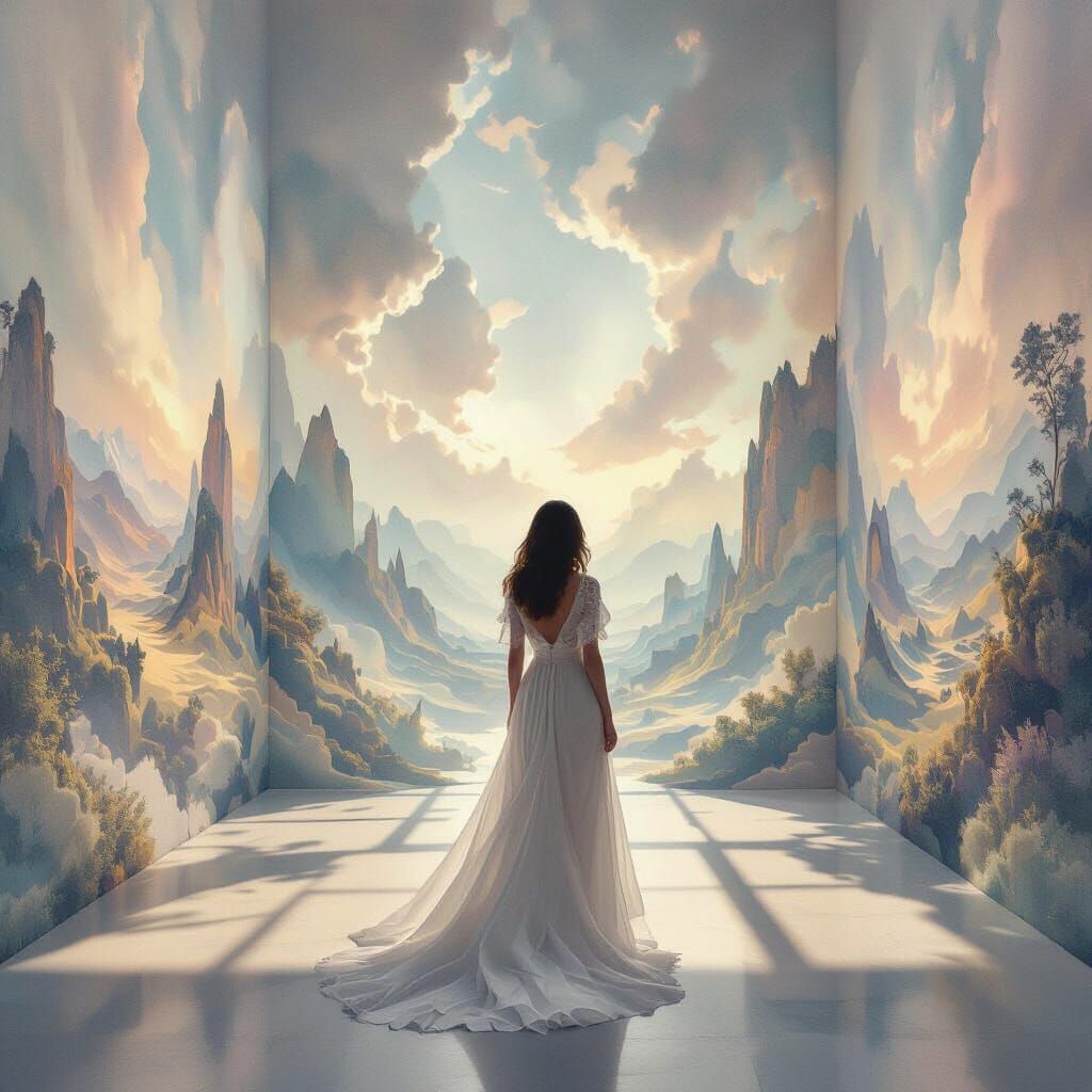 Solitary Woman Before Dreamlike Watercolor Gallery