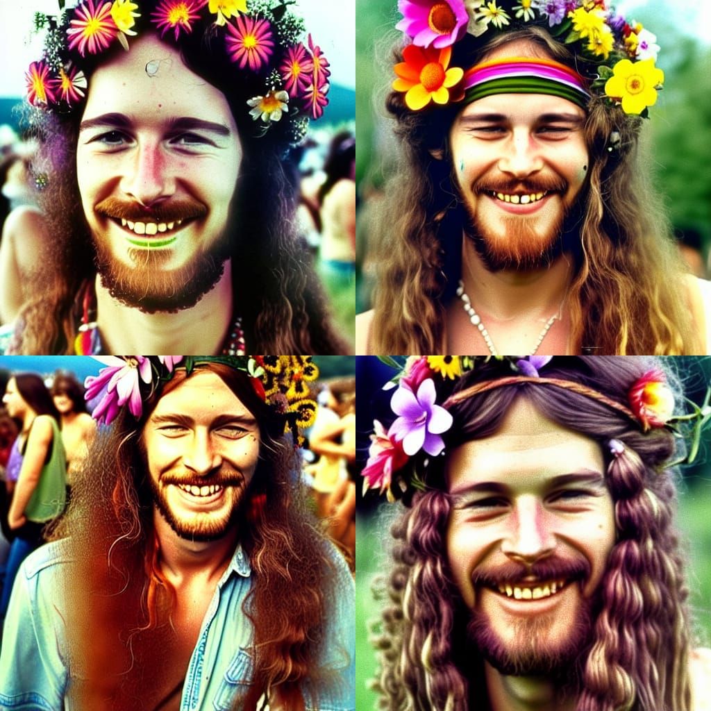 Smiling Hippie Man at Woodstock in Airbrush Style