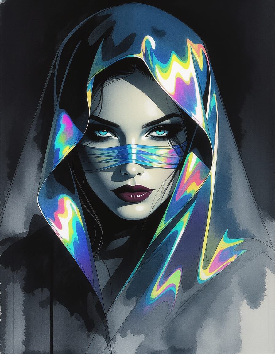Mysterious Woman Behind Iridescent Veil