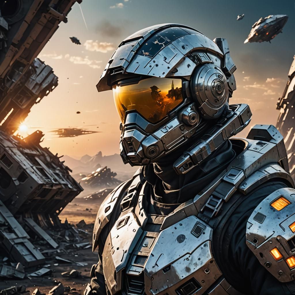 Futuristic Soldier Gazing at Crashed Spaceship at Sunrise