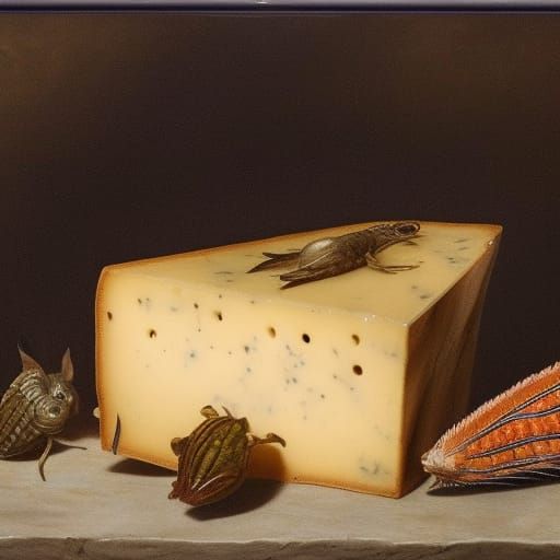 Baroque Still Life with Cheeses, in the style of Snyders