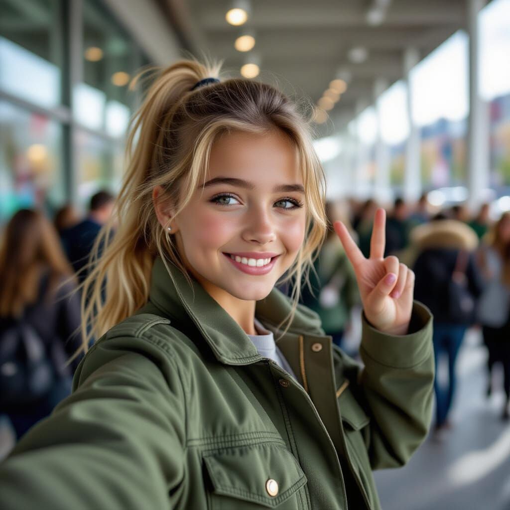 Girl Taking Selfie in Crowded Gallery, Cinematic Style