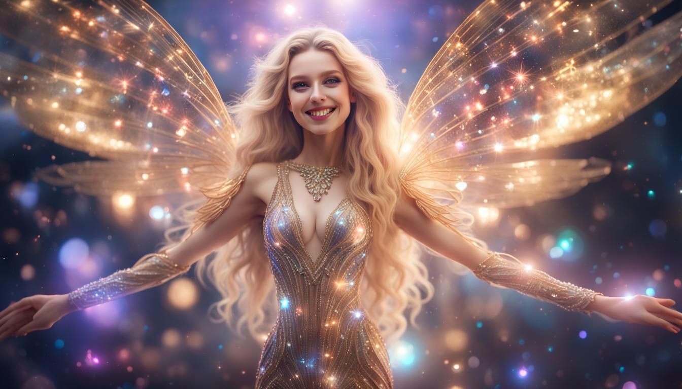 Glamorous Cosmic Woman with Crystal Wings