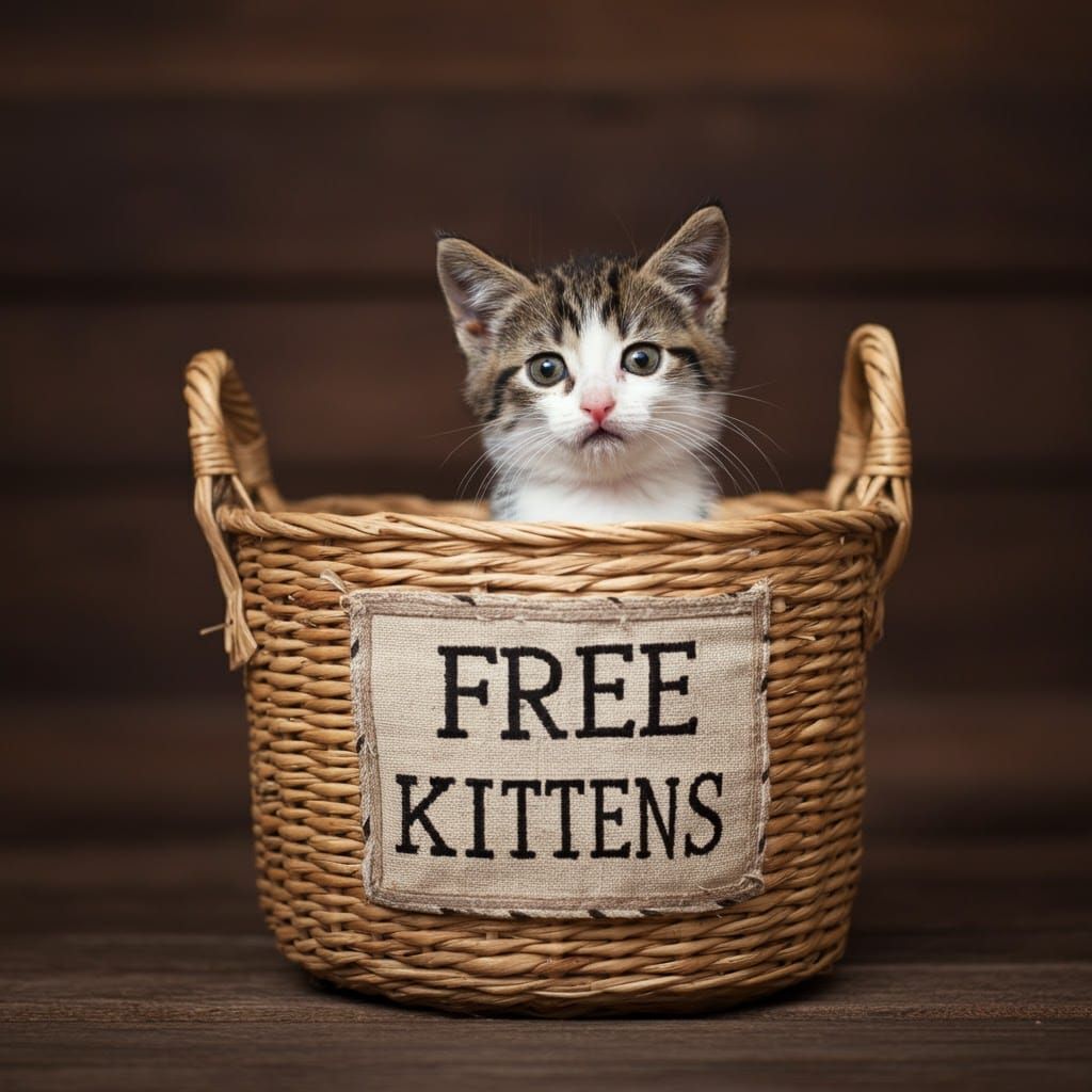 Kitten in Basket with "FREE KITTENS" Sign