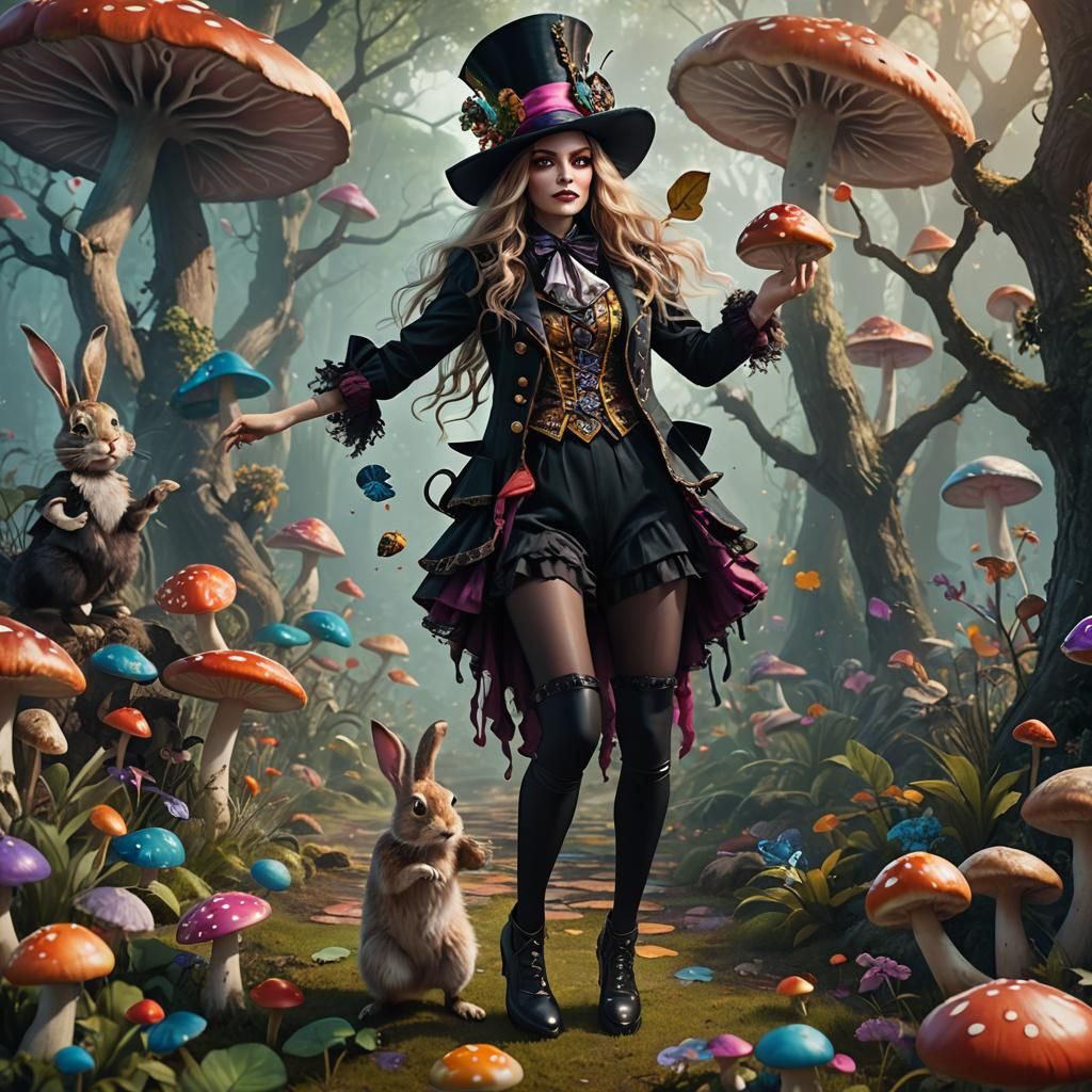 Mad Hatter Woman Chasing Rabbit in Fantasy Landscape