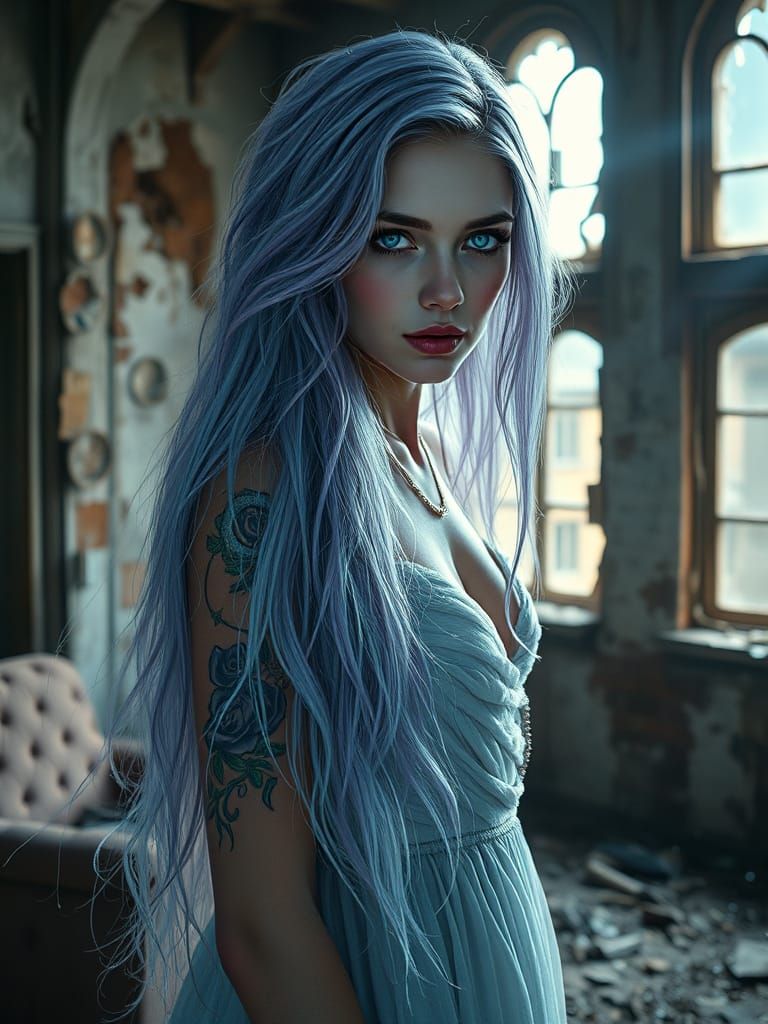 Boho-Urban Woman in Decaying Room, Digital Art