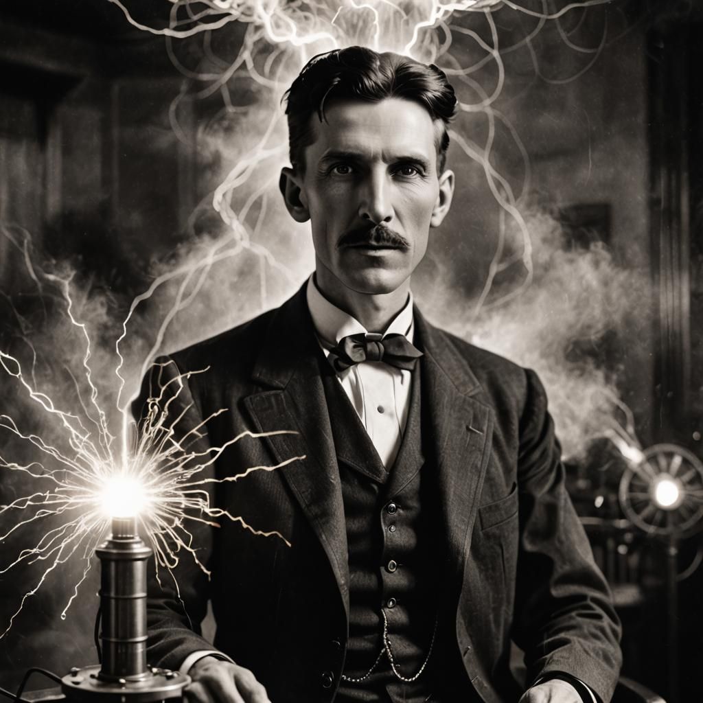 Nikola Tesla Portrait with Tesla Coil