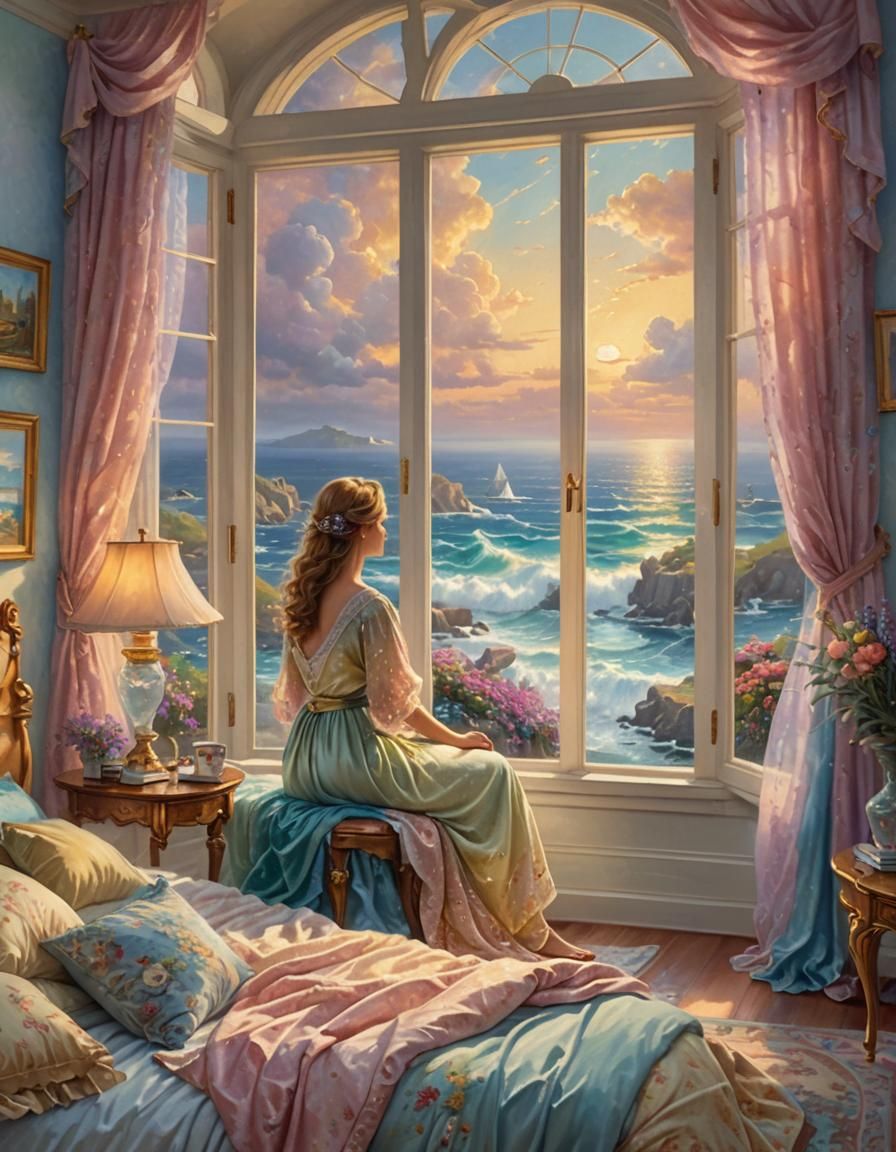 Ethereal Bedroom with Ocean View, Hyperdetailed Art