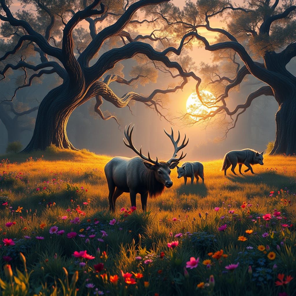 Elk in Regal Splendor as Wolves Lurk in the Shadows