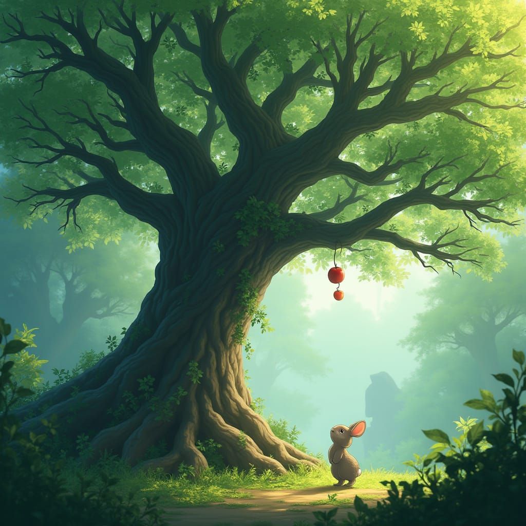Ancient Tree Offers Apple to Curious Rabbit in Enchanted Jun...