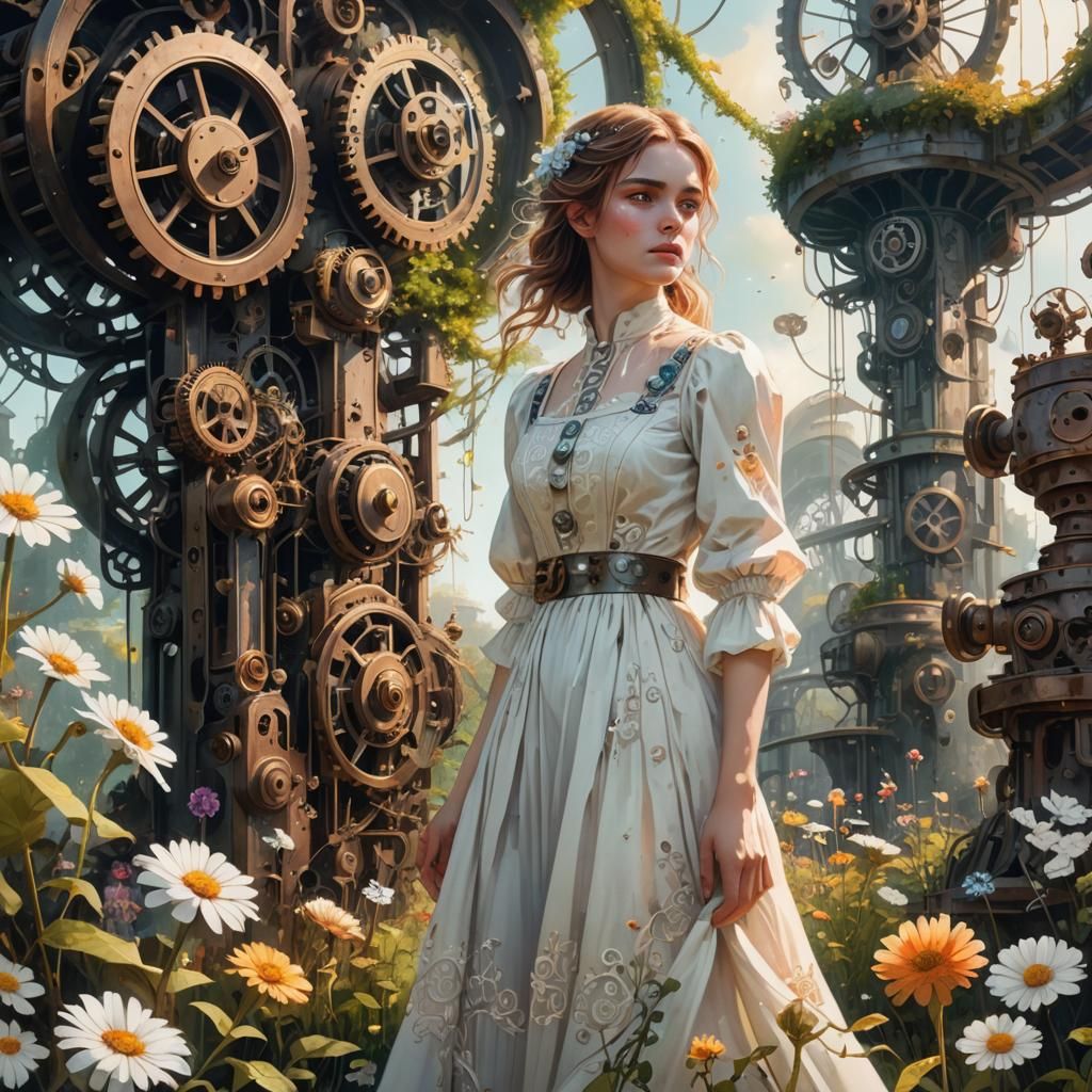 Fantasy Garden with Clockwork Machines in Watercolor Style