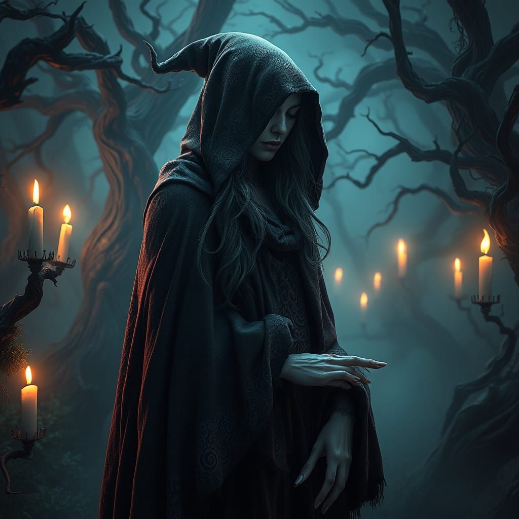 Mysterious Witch in a Haunting Dreamlike Landscape