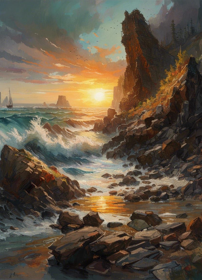 Dramatic Rocky Shoreline at Sunset