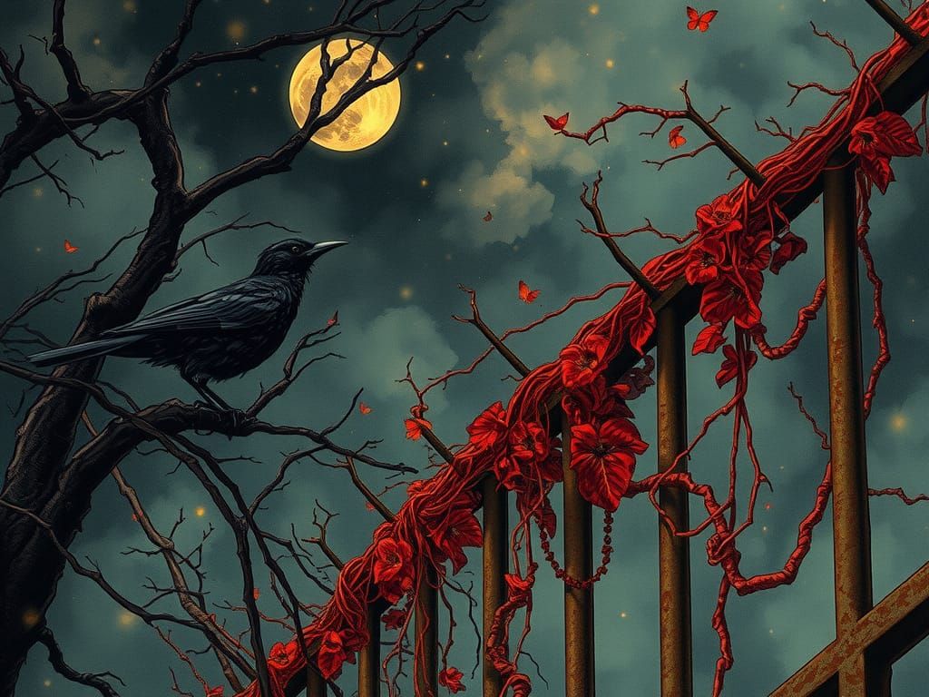 Melancholic Blackbird in Leafless Branches, Dark Fantasy Art