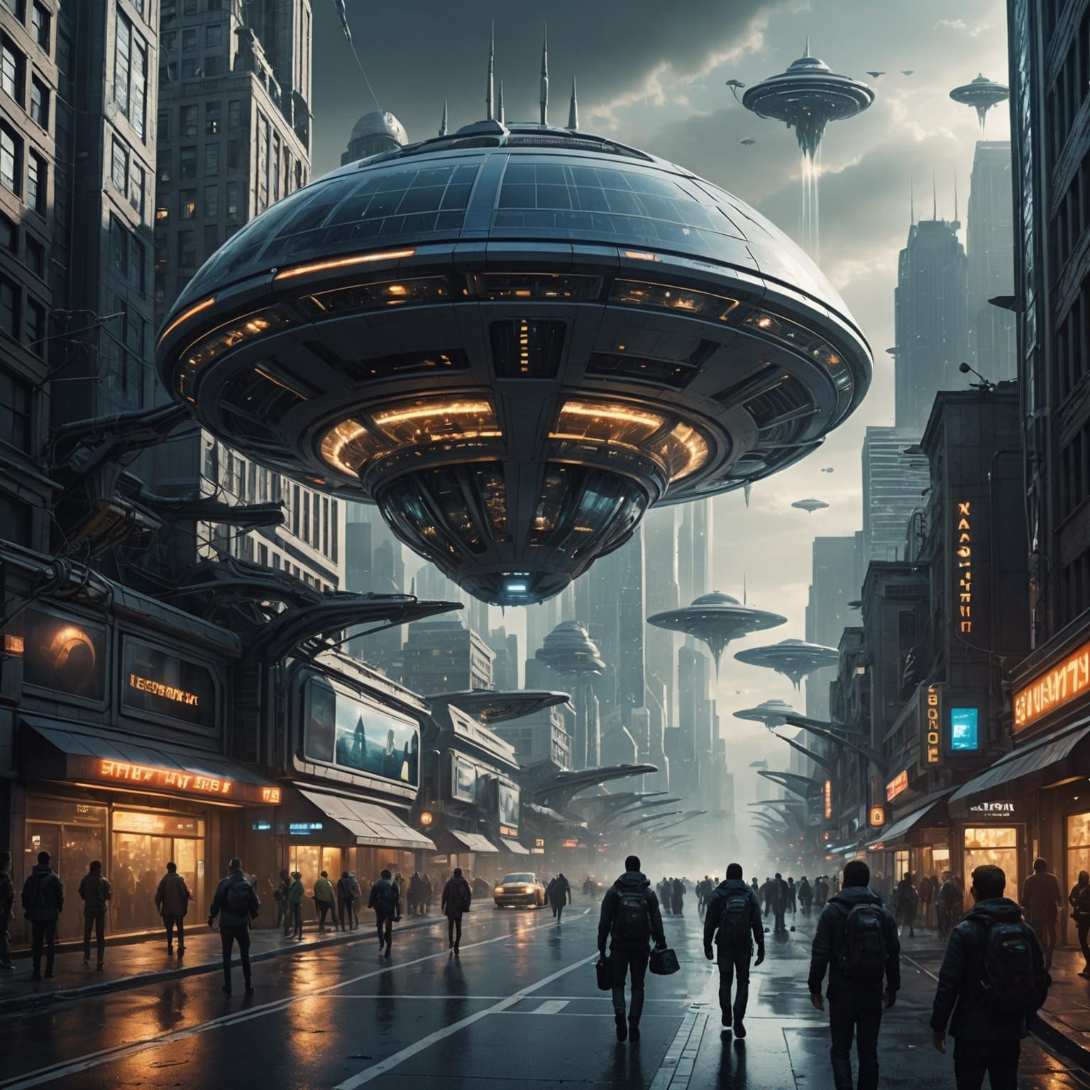 Futuristic Alien Cityscape: A First Contact Scene