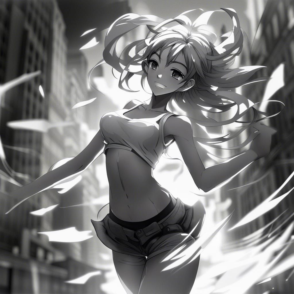 black and white anime photo of a stunning female in slight clothes dancing, perfect body, expressive face high detail, b...