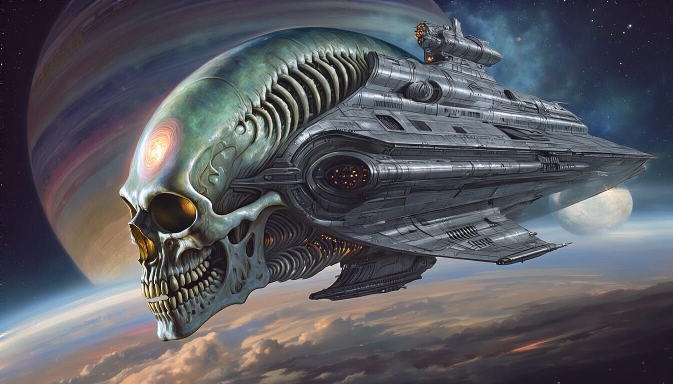 Alien Battle Cruiser with Skull in Biomechanical Style