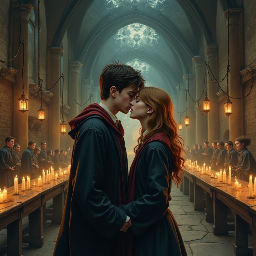Harry Potter and Hermione Share a Whimsical Kiss in the Hogw...