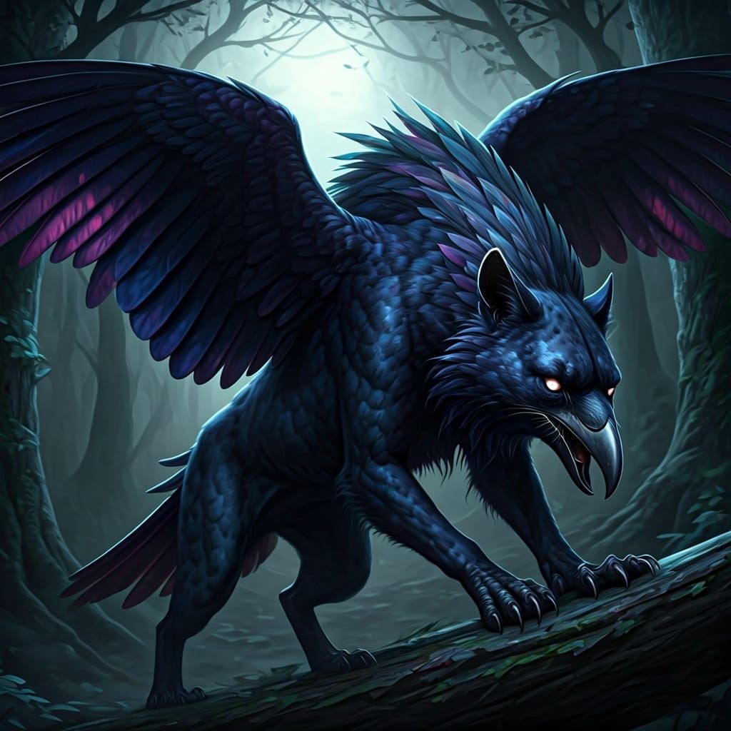 Obsidian Raven-Panther Hybrid in Dark Fantasy Style