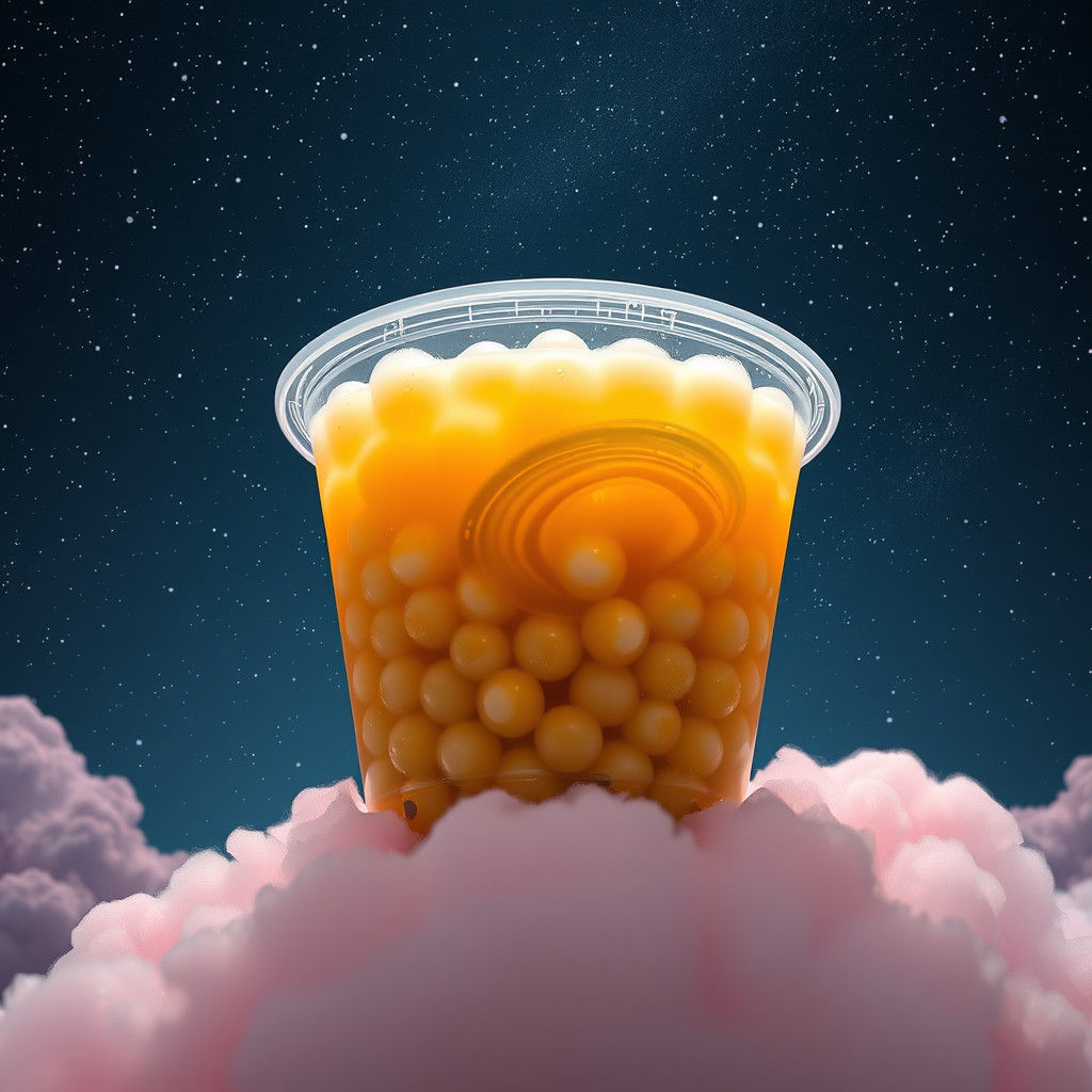 Boba Tea on Pink Cloud in Dreamy Night Sky