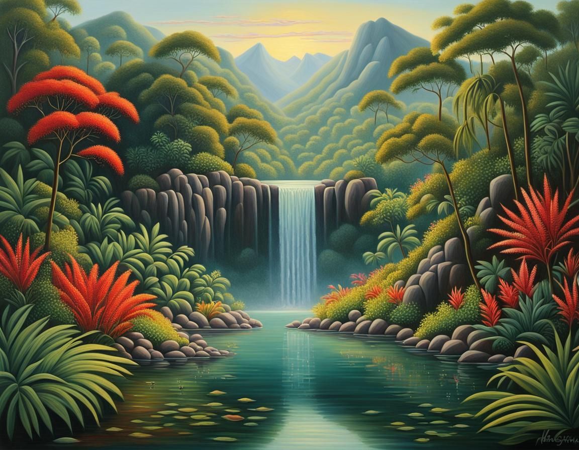 Lush Tropical Waterfall Painting in Rousseau Style
