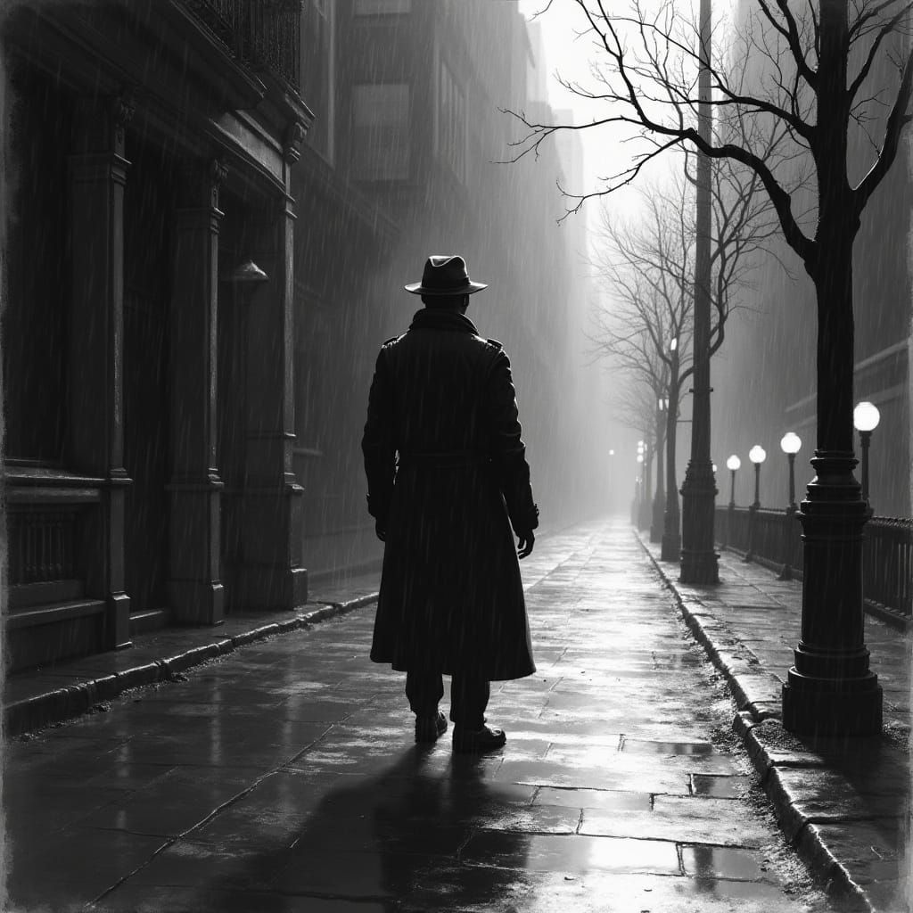 Noir Detective in Rain, Ink Drawing Style