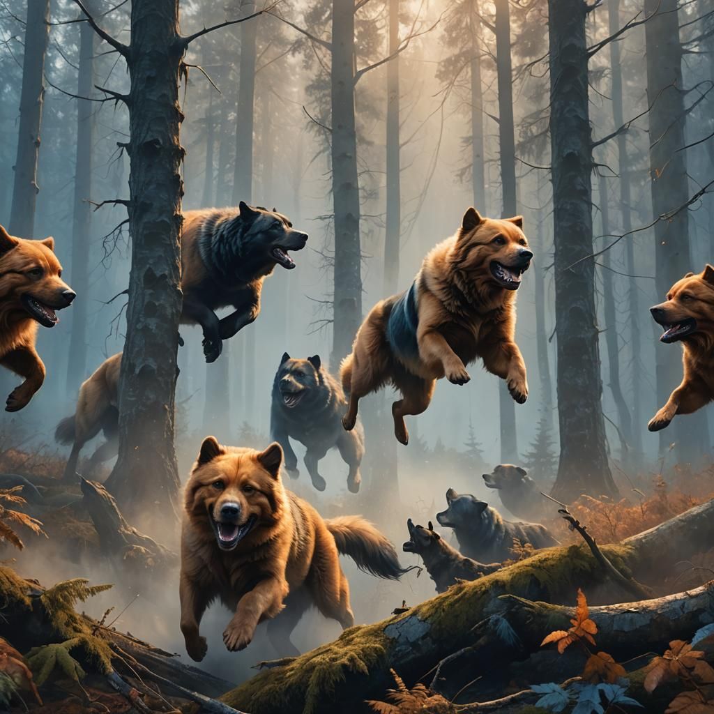 Russian Bear Hunting Dogs in Misty Forest