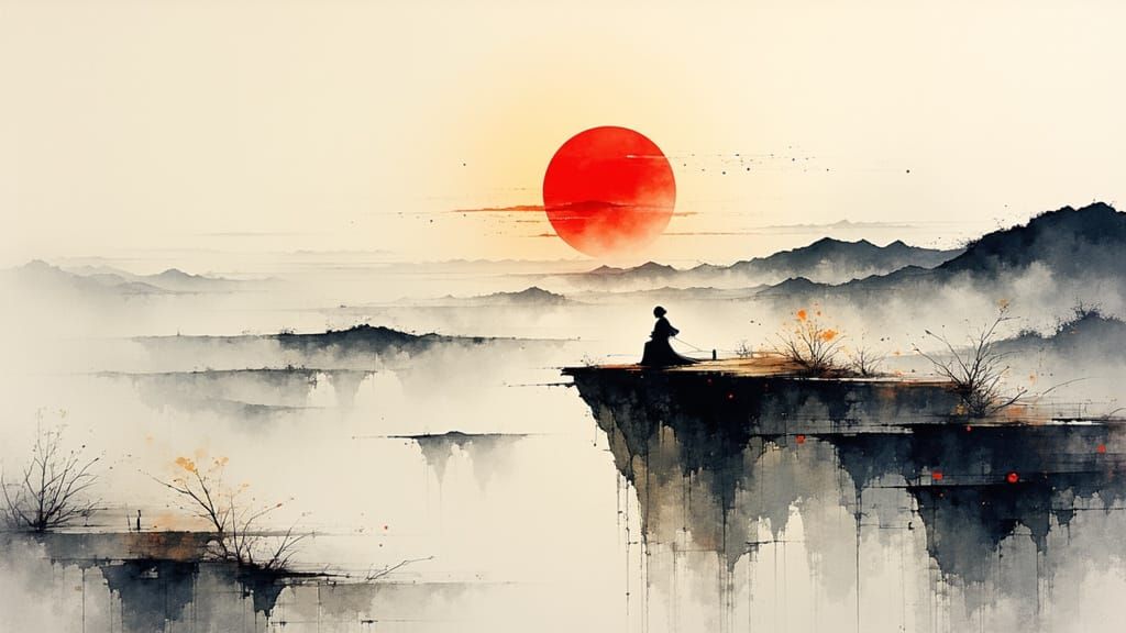 Red Winter Sun Rises Over Foggy Plains in Watercolor Style
